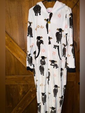 Holiday Time White Sheep Print Hooded Fleece Pajama Onesie with Pink Accents Lrg